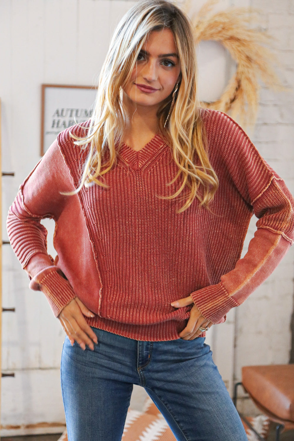 Terracotta Washed V Neck Loose Rib Sweater Top