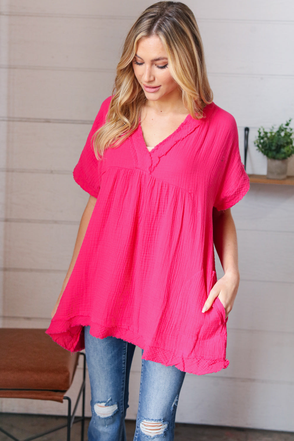 Fuchsia Cotton Banded V Neck Frayed Pocketed Top