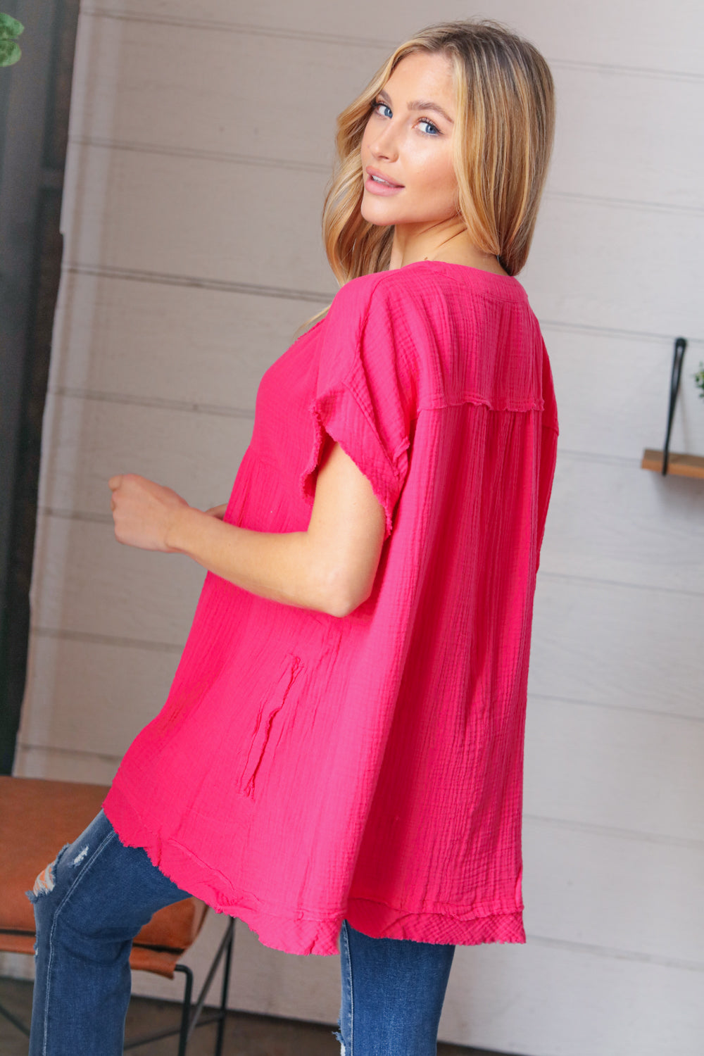 Fuchsia Cotton Banded V Neck Frayed Pocketed Top