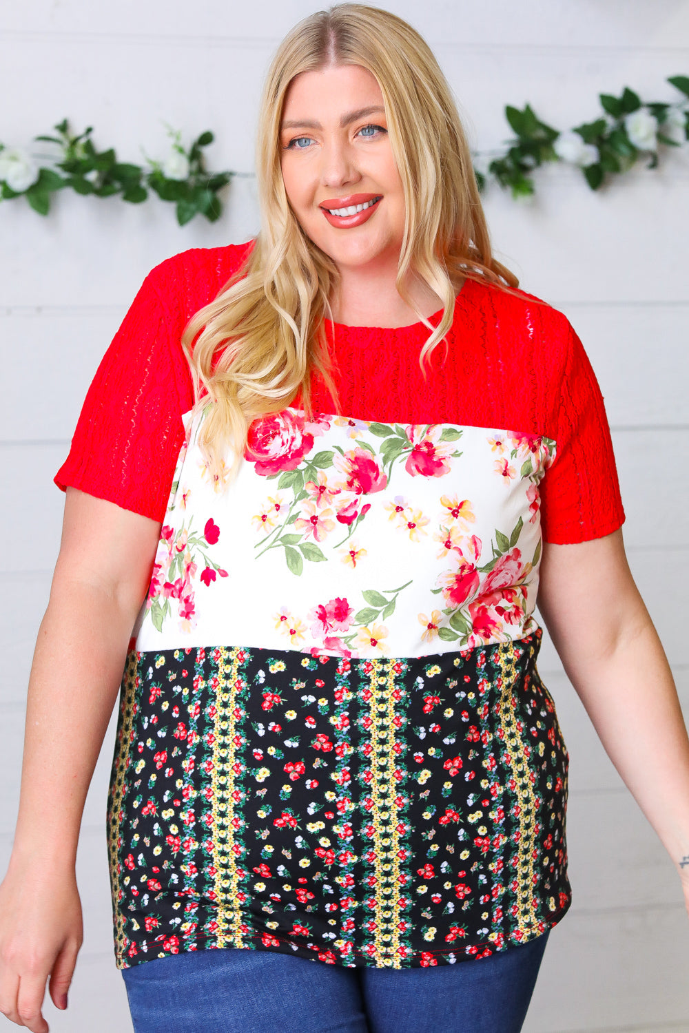 Cherry Red Lace & Floral Color Block Top