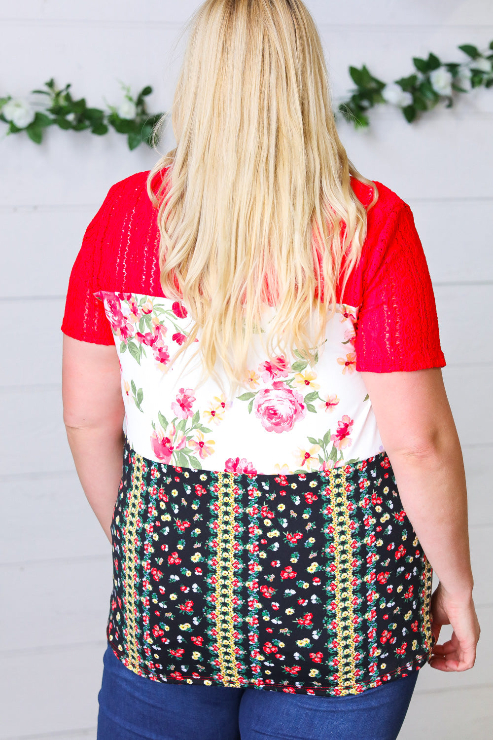 Cherry Red Lace & Floral Color Block Top