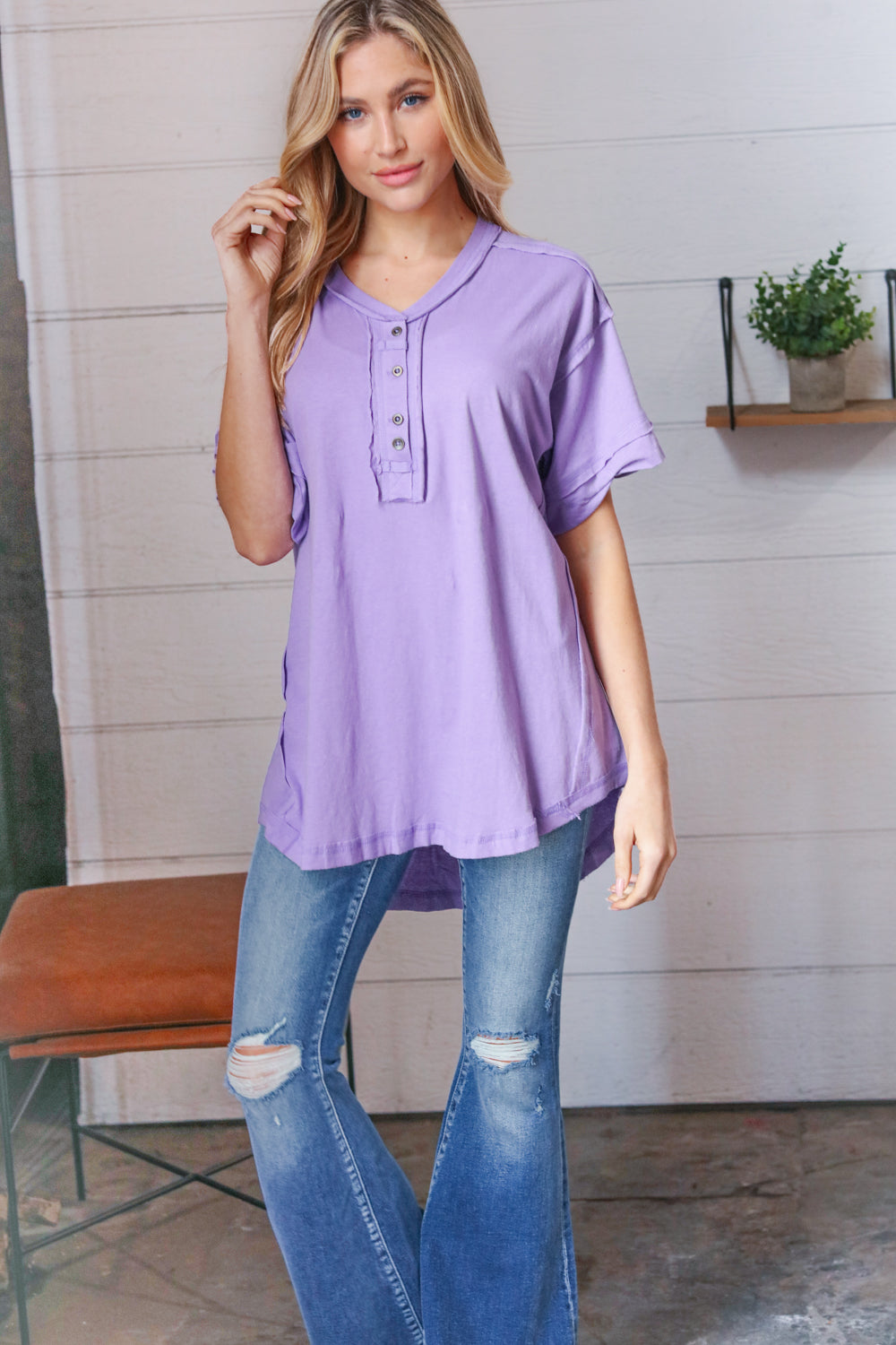 Lilac Cotton Button Down Placard Out Seam Top