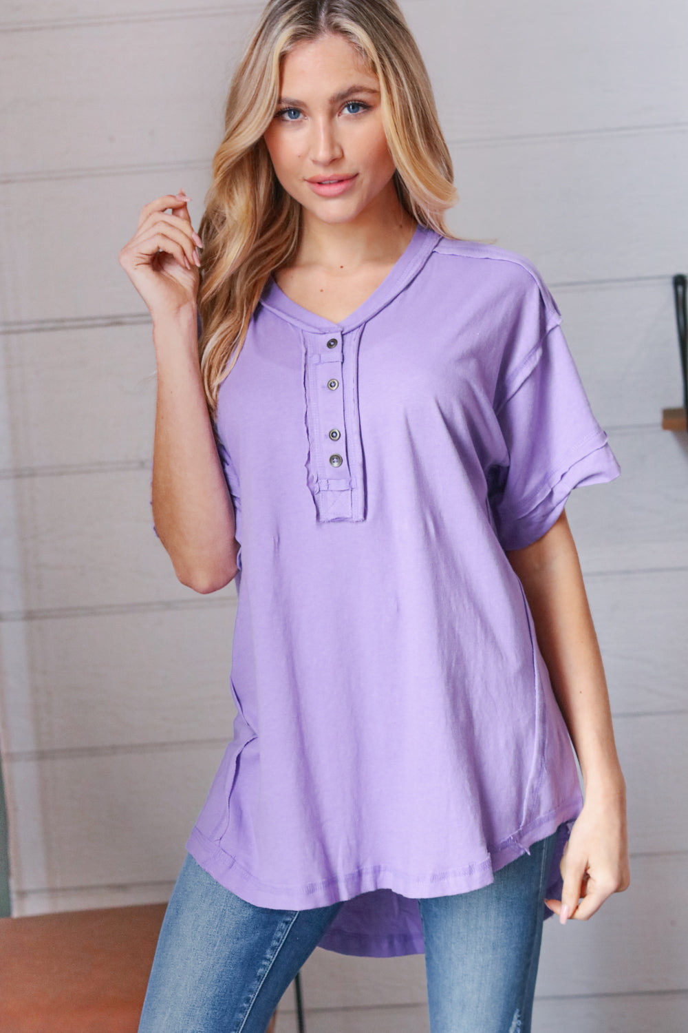 Lilac Cotton Button Down Placard Out Seam Top