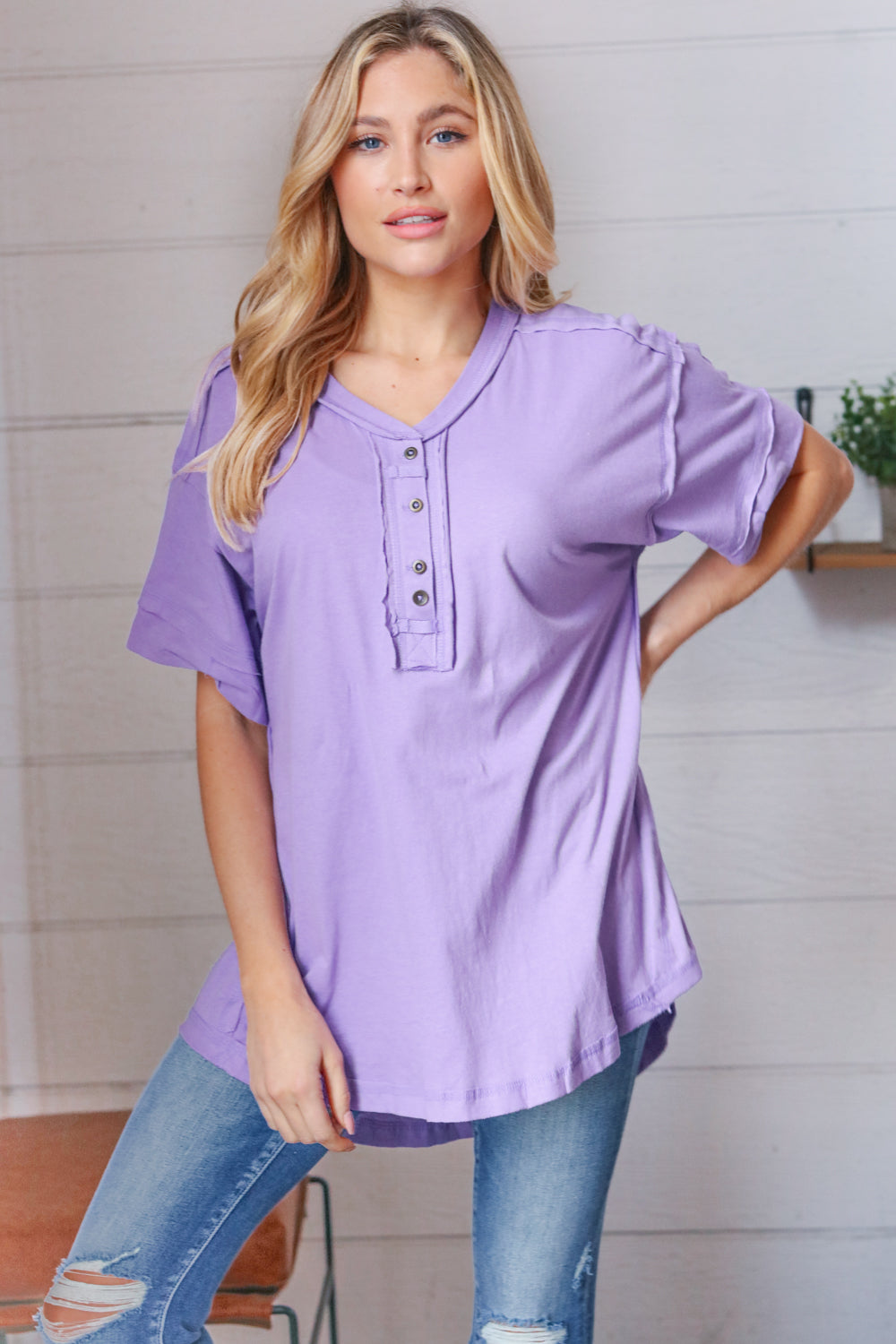 Lilac Cotton Button Down Placard Out Seam Top