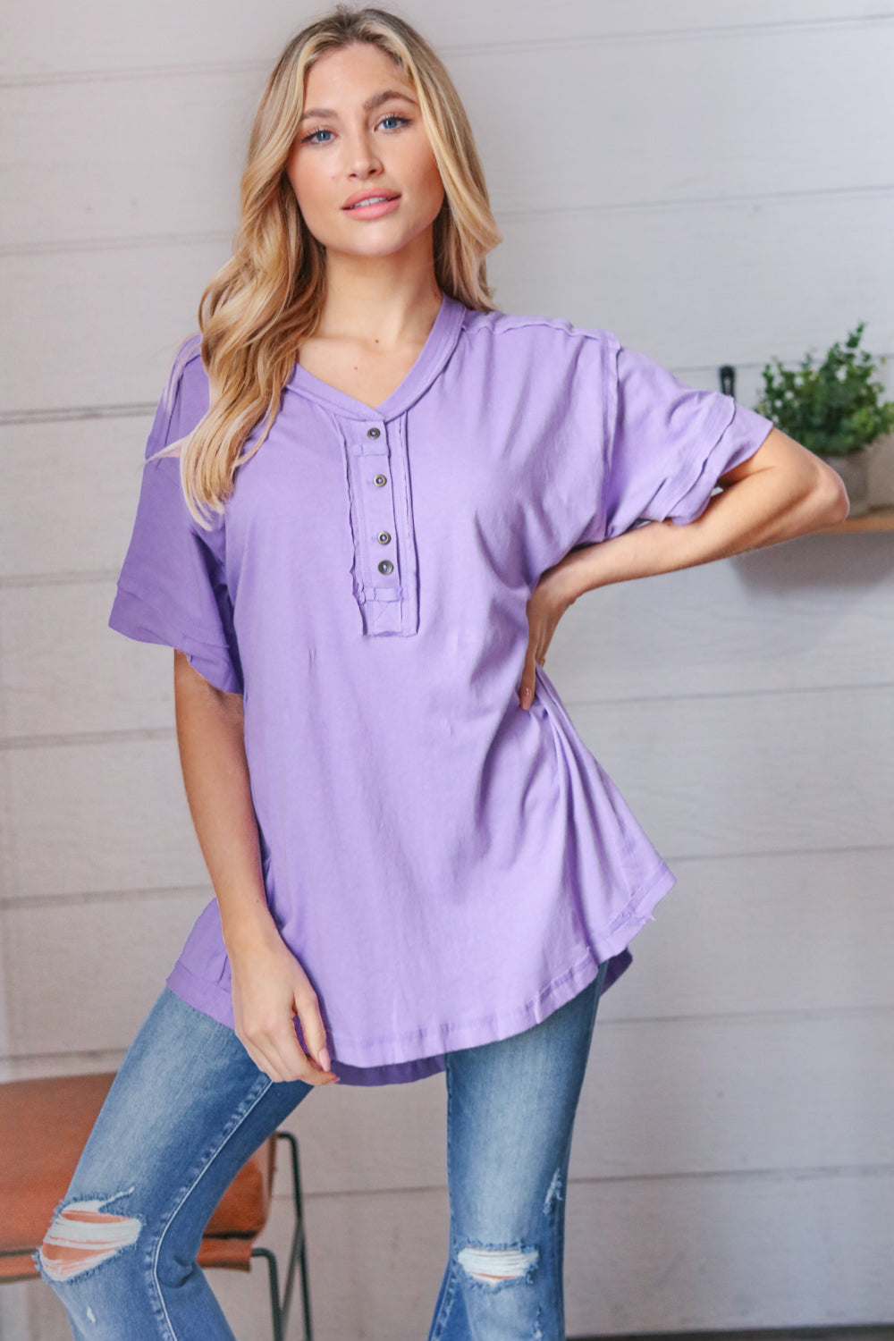 Lilac Cotton Button Down Placard Out Seam Top