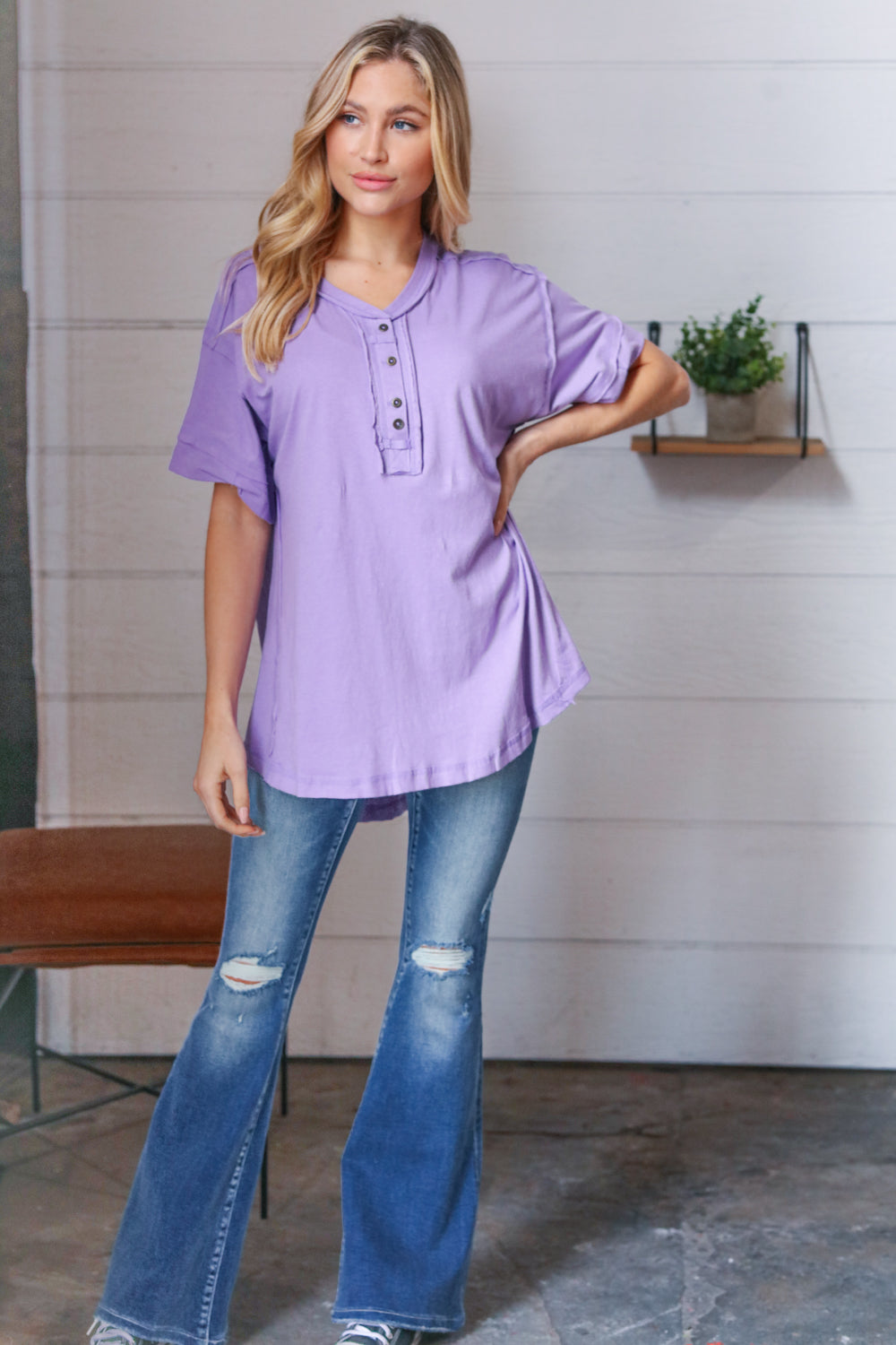 Lilac Cotton Button Down Placard Out Seam Top