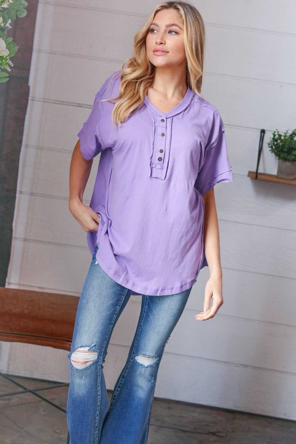 Lilac Cotton Button Down Placard Out Seam Top