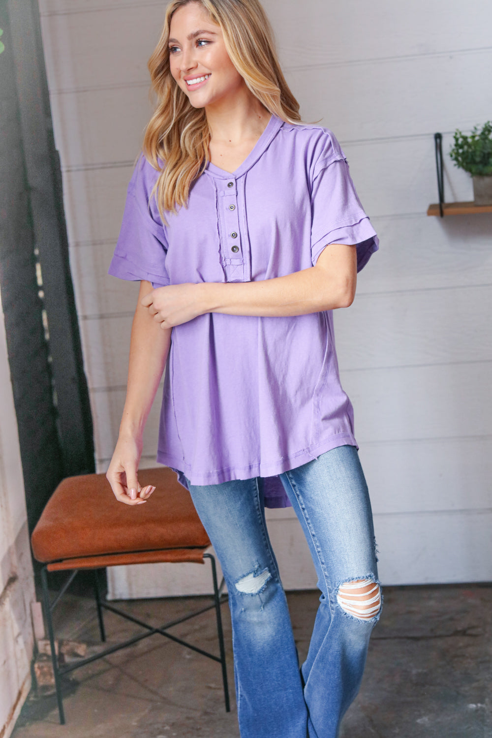 Lilac Cotton Button Down Placard Out Seam Top
