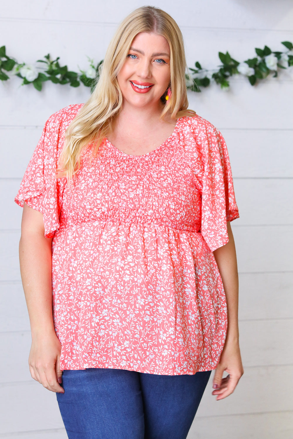 Peach Floral Smocked Flutter Sleeve Top