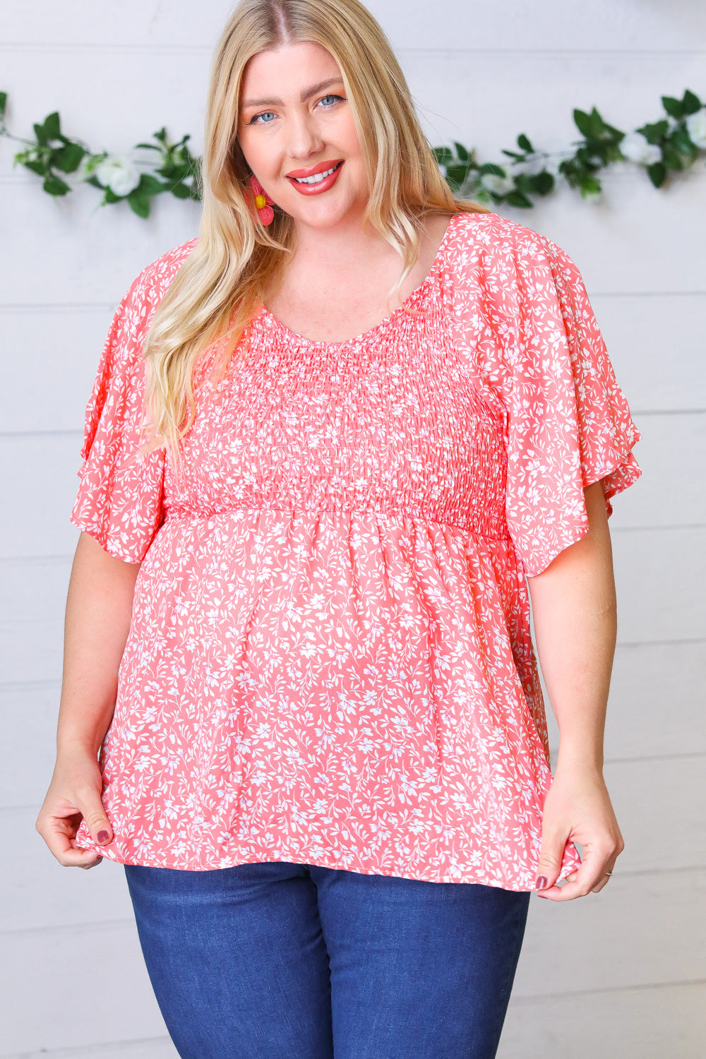 Peach Floral Smocked Flutter Sleeve Top