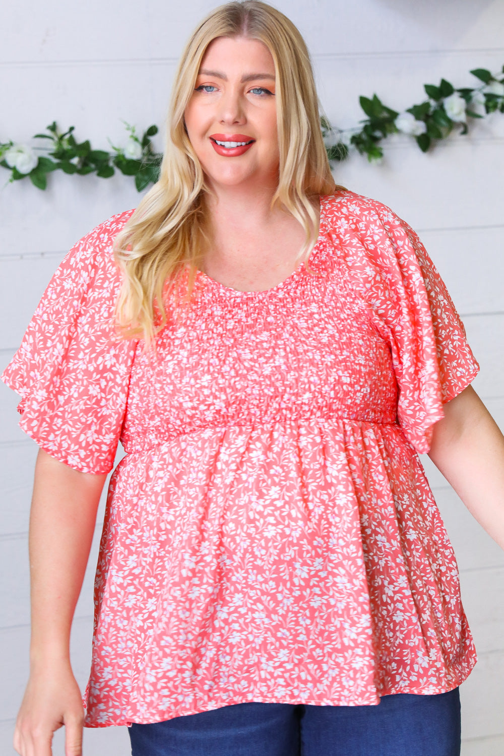 Peach Floral Smocked Flutter Sleeve Top