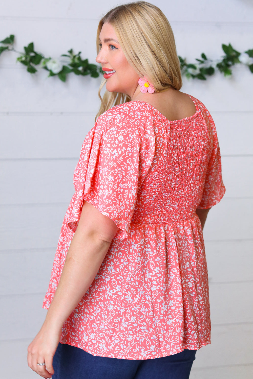 Peach Floral Smocked Flutter Sleeve Top