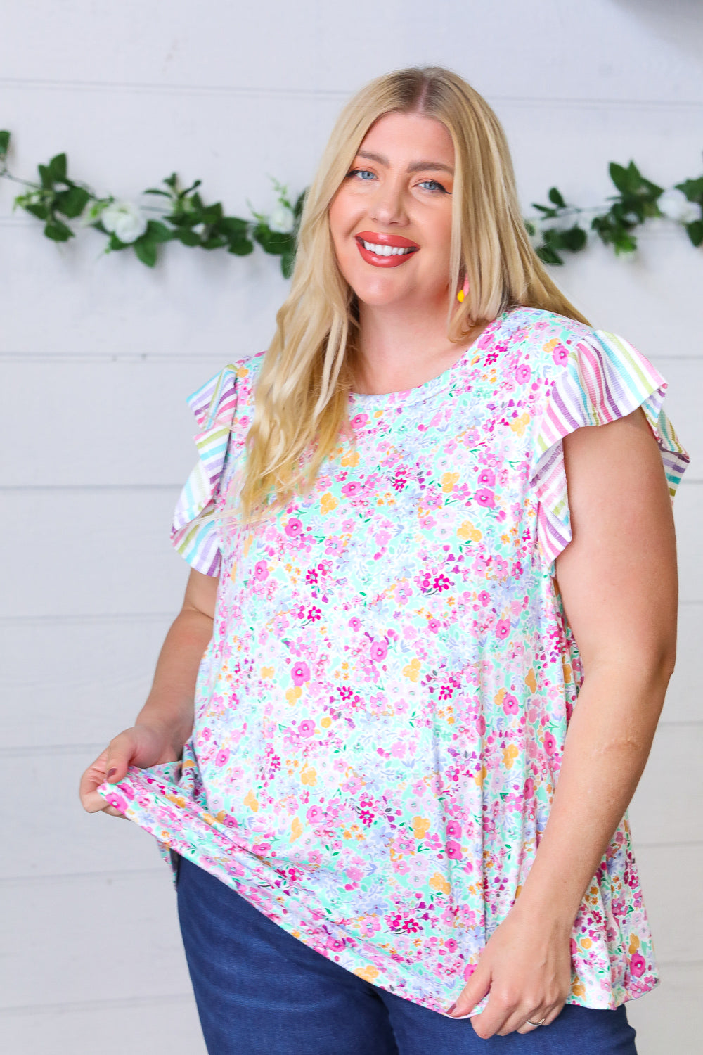 Pink & Mint Floral Stripe Flutter Sleeve Top
