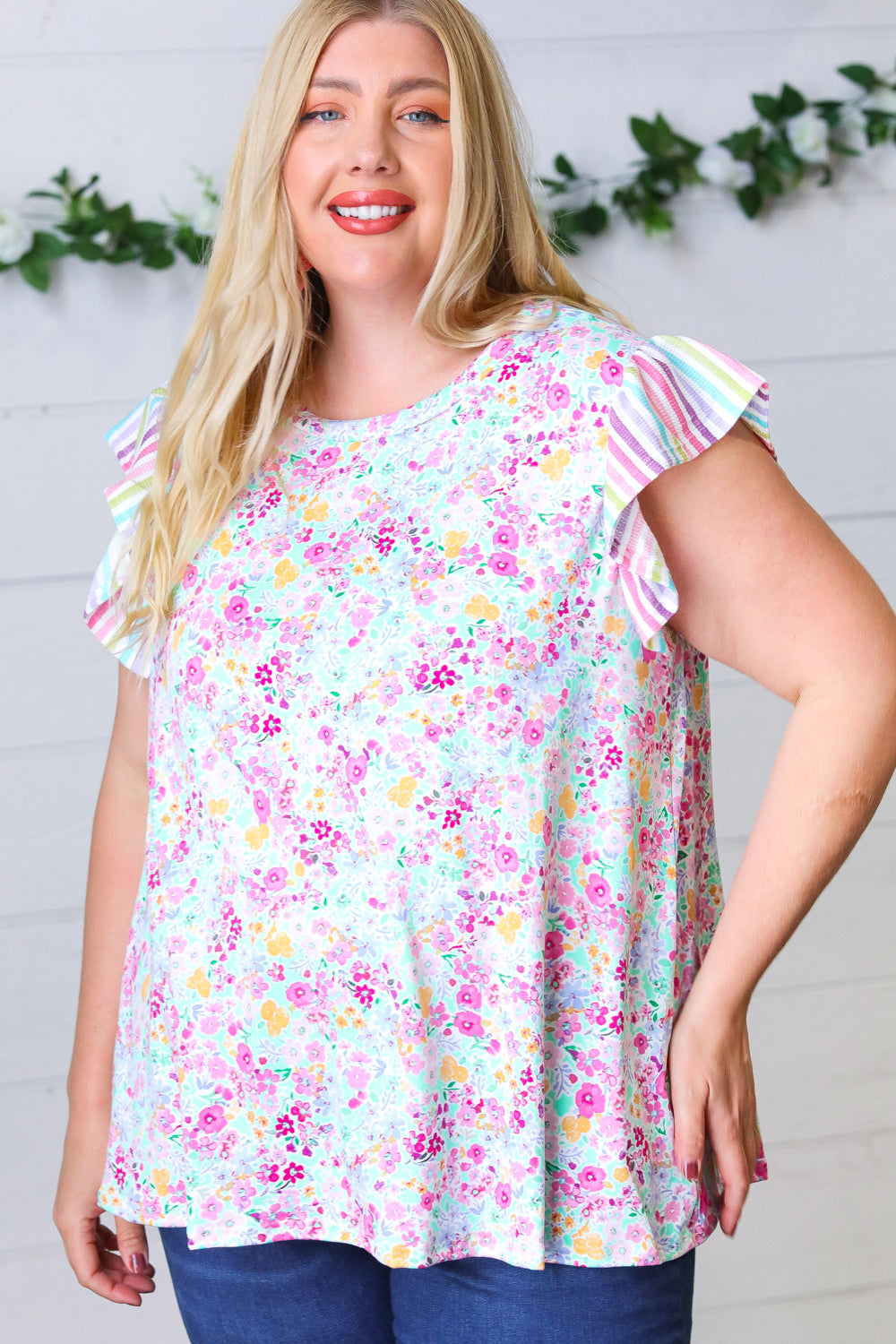 Pink & Mint Floral Stripe Flutter Sleeve Top