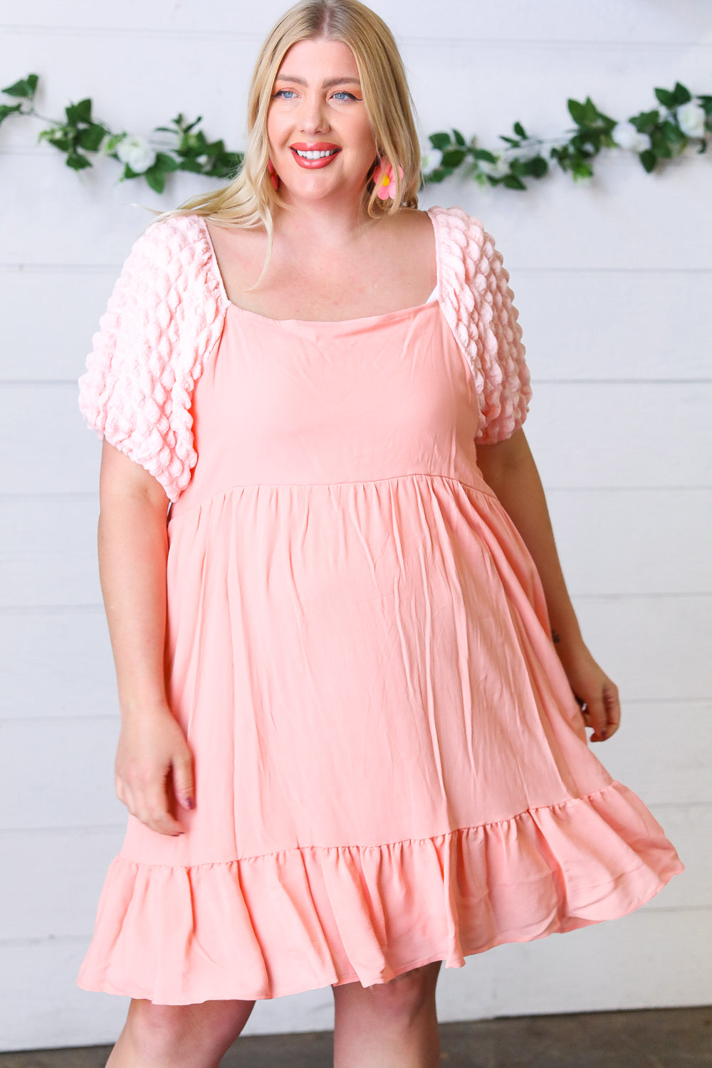 Peach Textured Bubble Sleeve Lined Dress