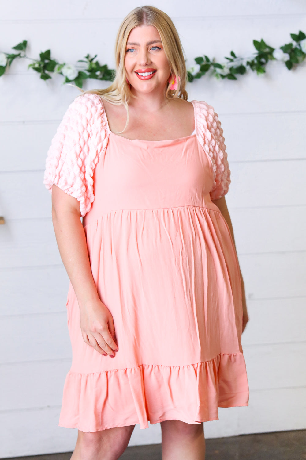 Peach Textured Bubble Sleeve Lined Dress