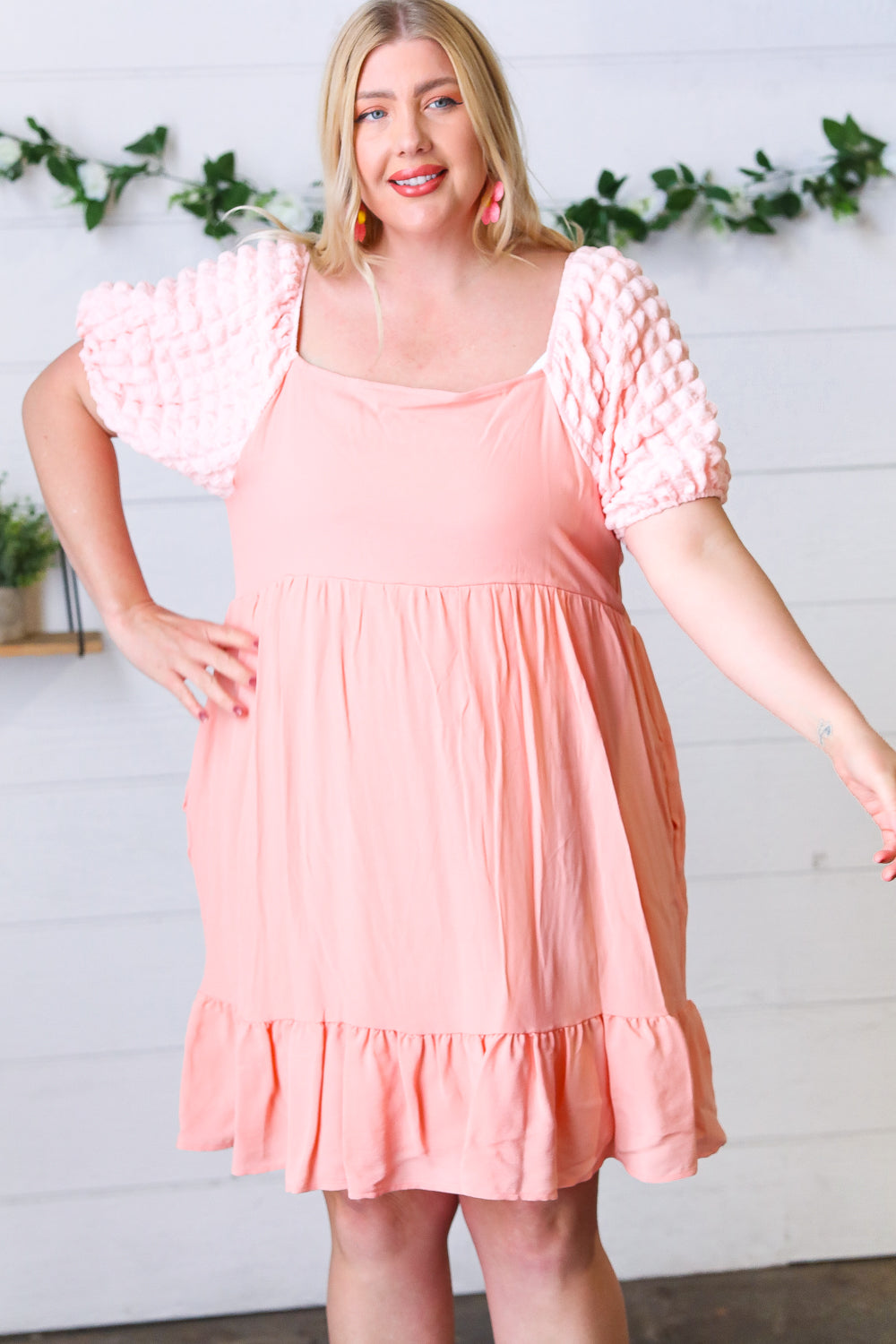 Peach Textured Bubble Sleeve Lined Dress