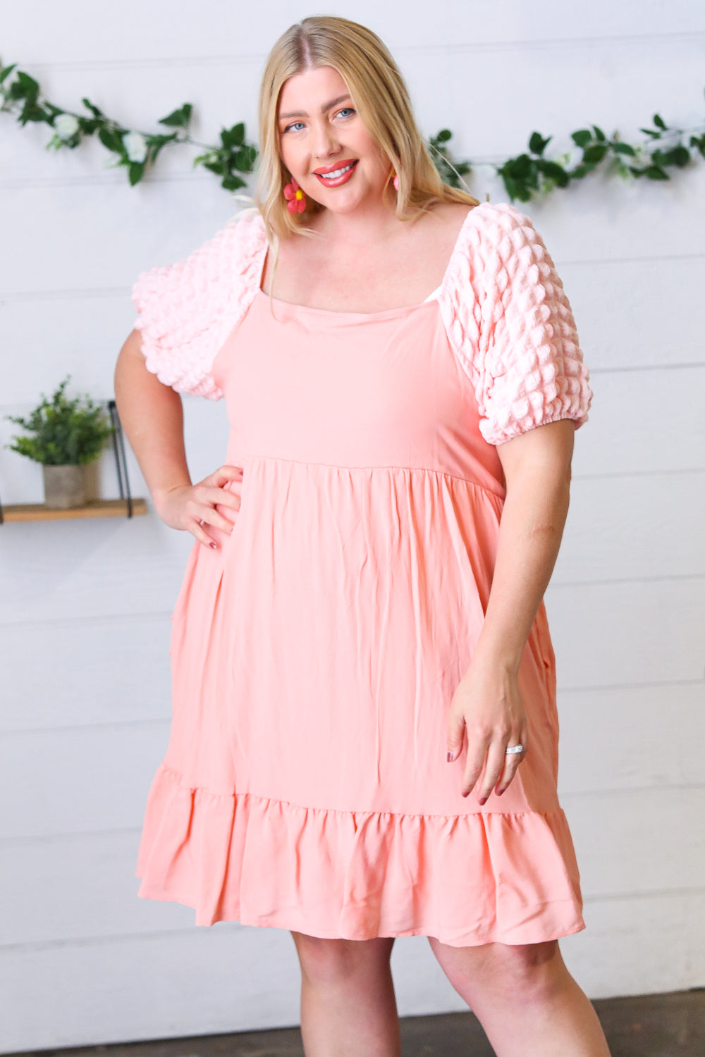 Peach Textured Bubble Sleeve Lined Dress