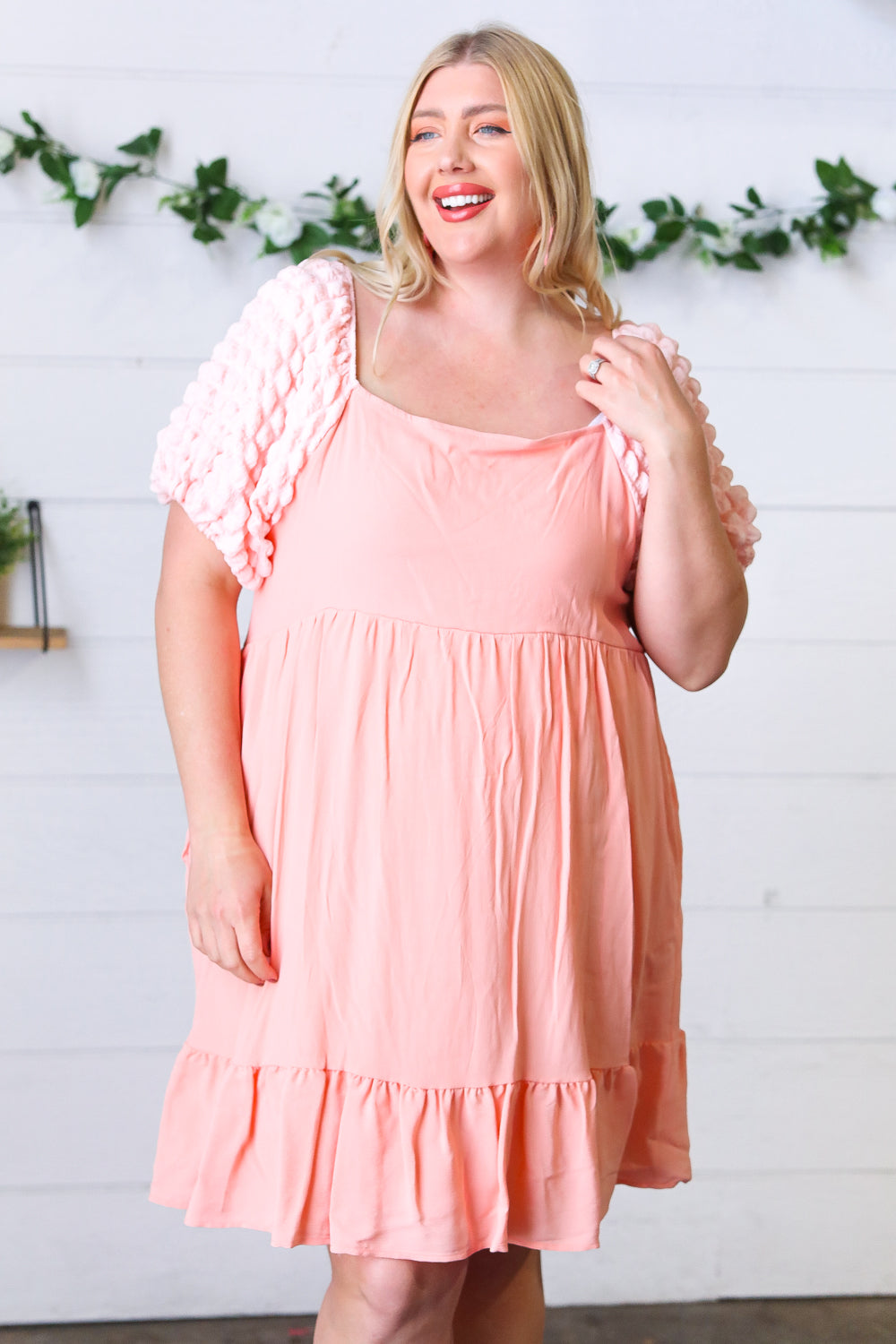 Peach Textured Bubble Sleeve Lined Dress