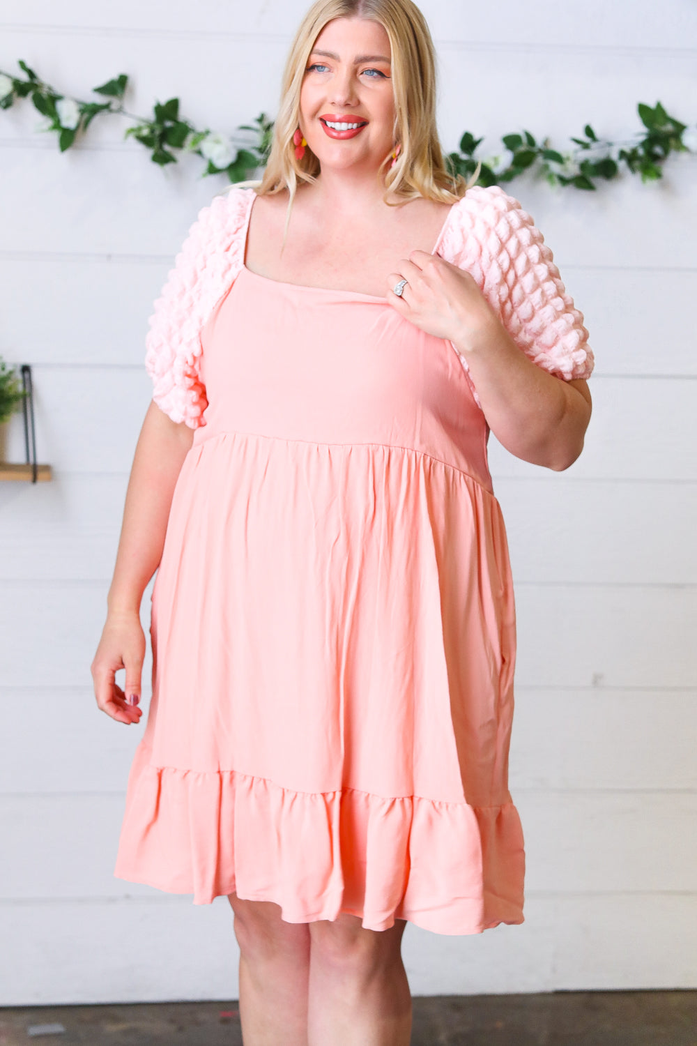 Peach Textured Bubble Sleeve Lined Dress