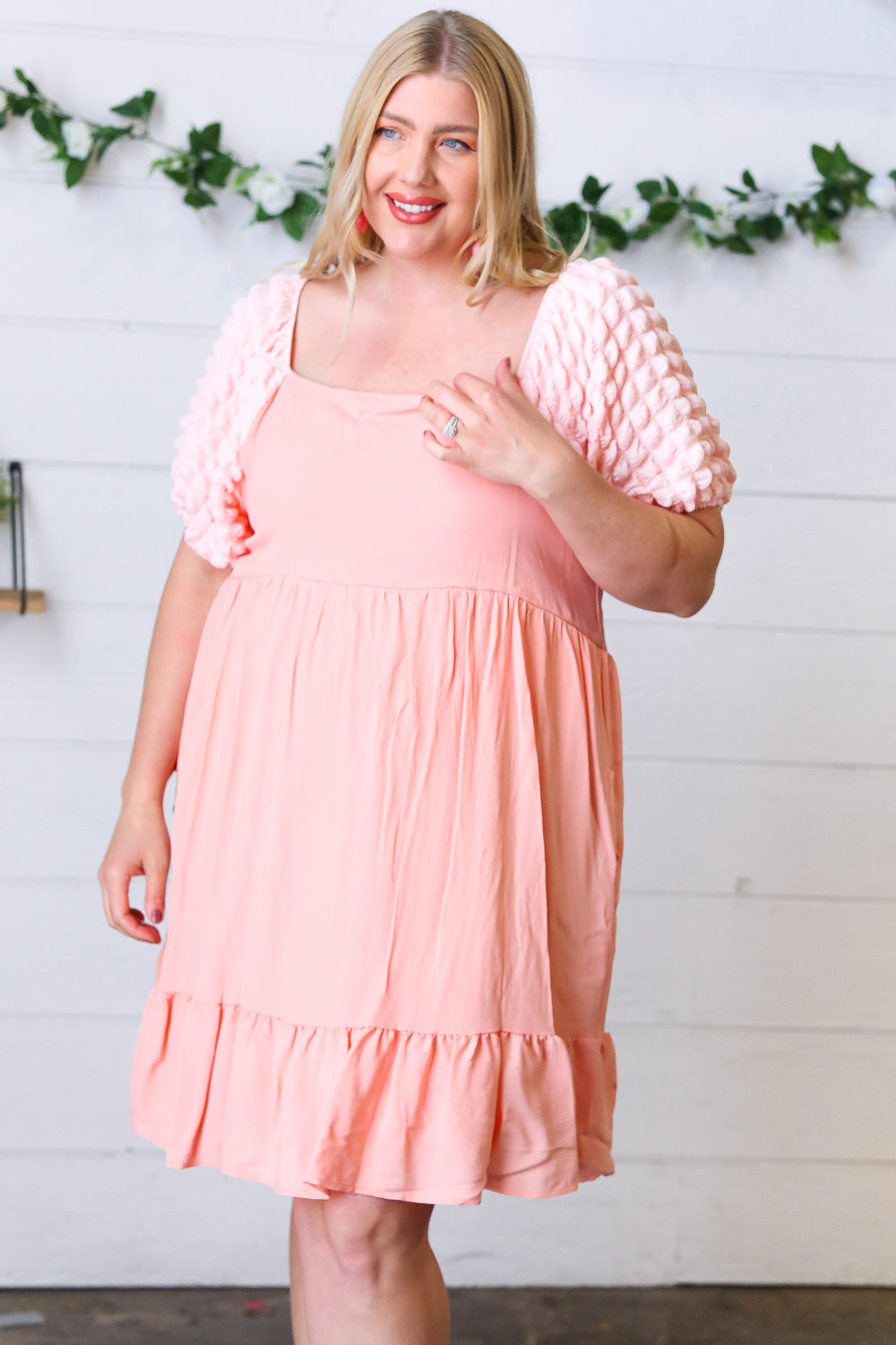 Peach Textured Bubble Sleeve Lined Dress