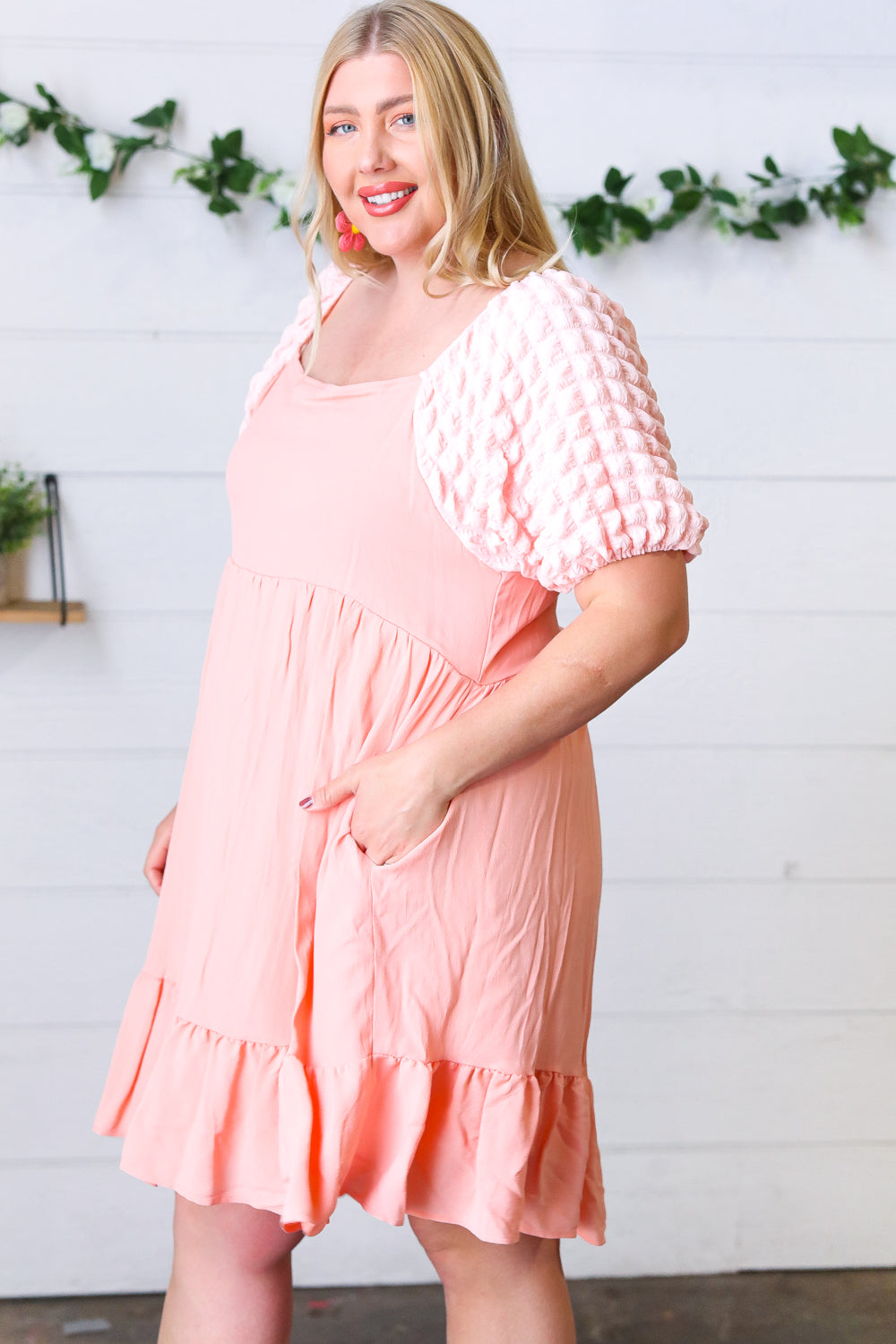 Peach Textured Bubble Sleeve Lined Dress