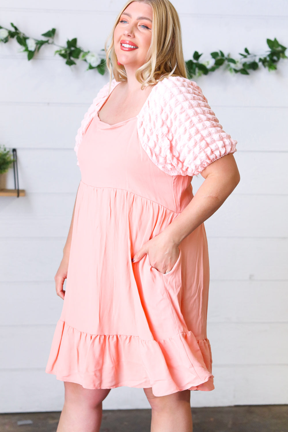 Peach Textured Bubble Sleeve Lined Dress