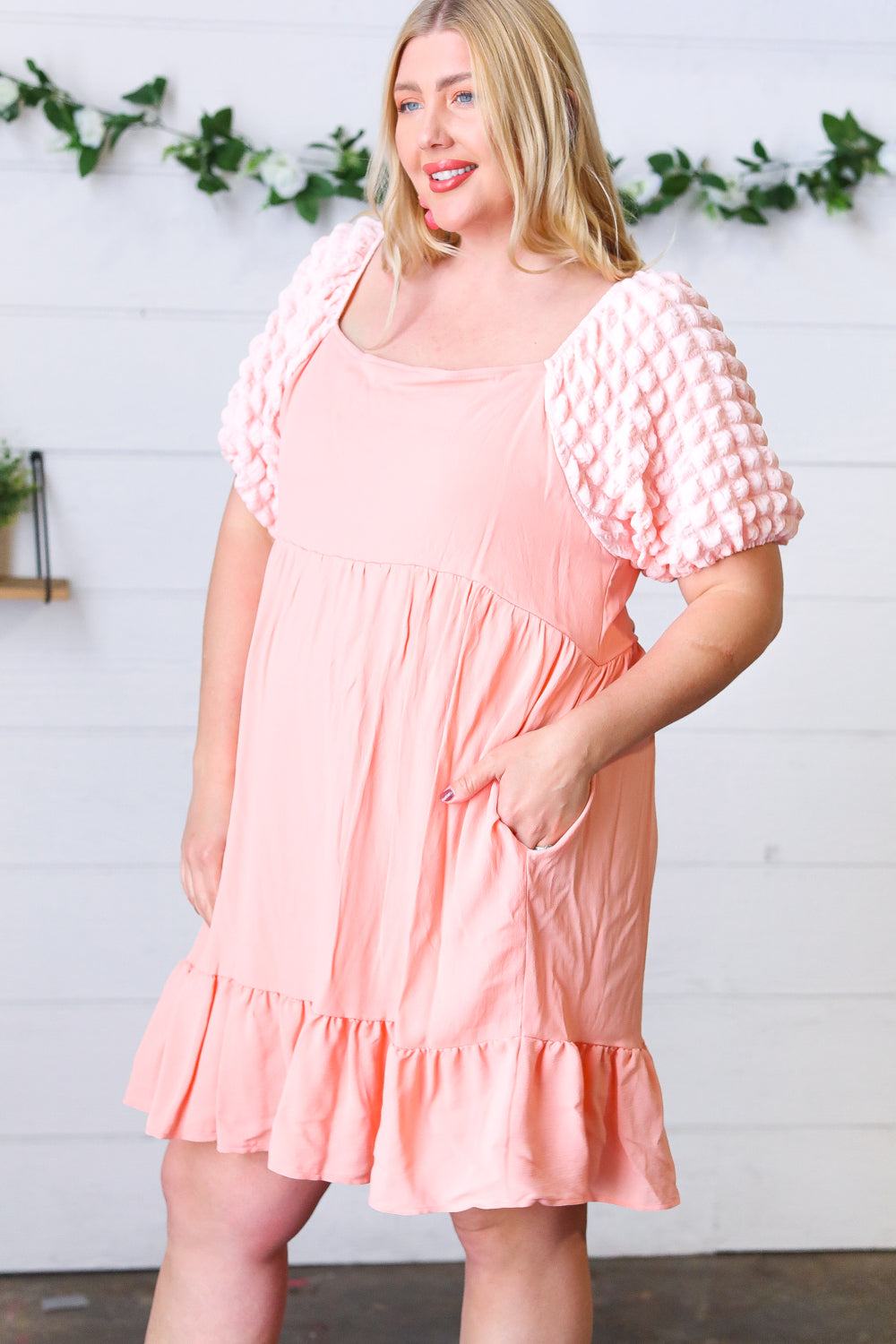 Peach Textured Bubble Sleeve Lined Dress