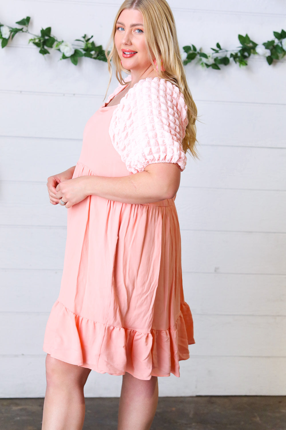 Peach Textured Bubble Sleeve Lined Dress