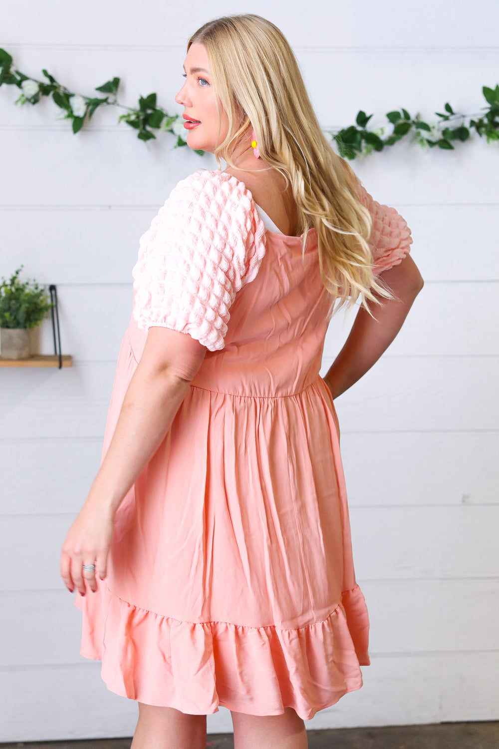 Peach Textured Bubble Sleeve Lined Dress