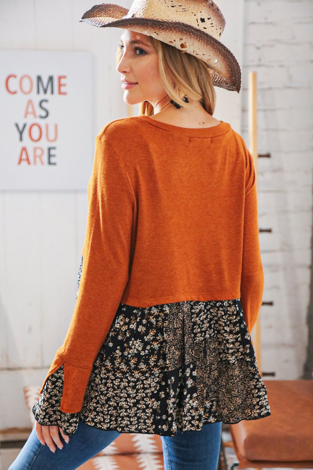 Rust Hacci Babydoll Floral Patchwork Bell Sleeve Sweater Top