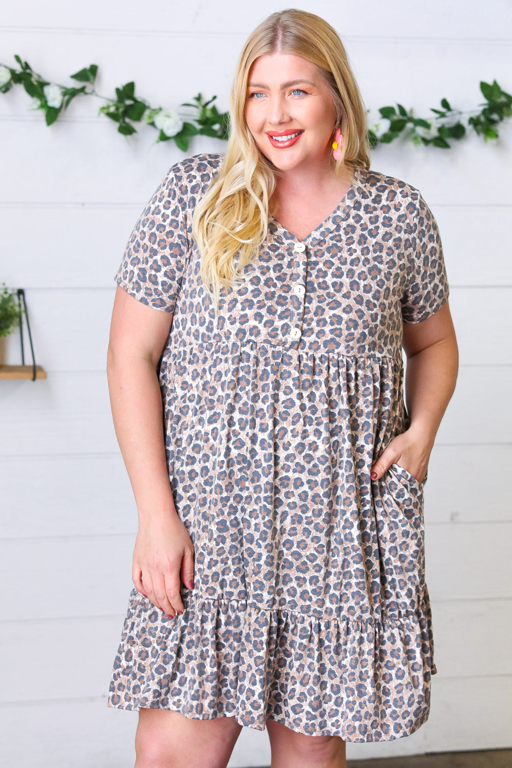 Taupe Leopard Button Down Babydoll Dress
