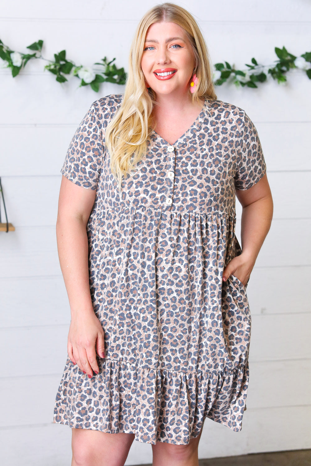 Taupe Leopard Button Down Babydoll Dress