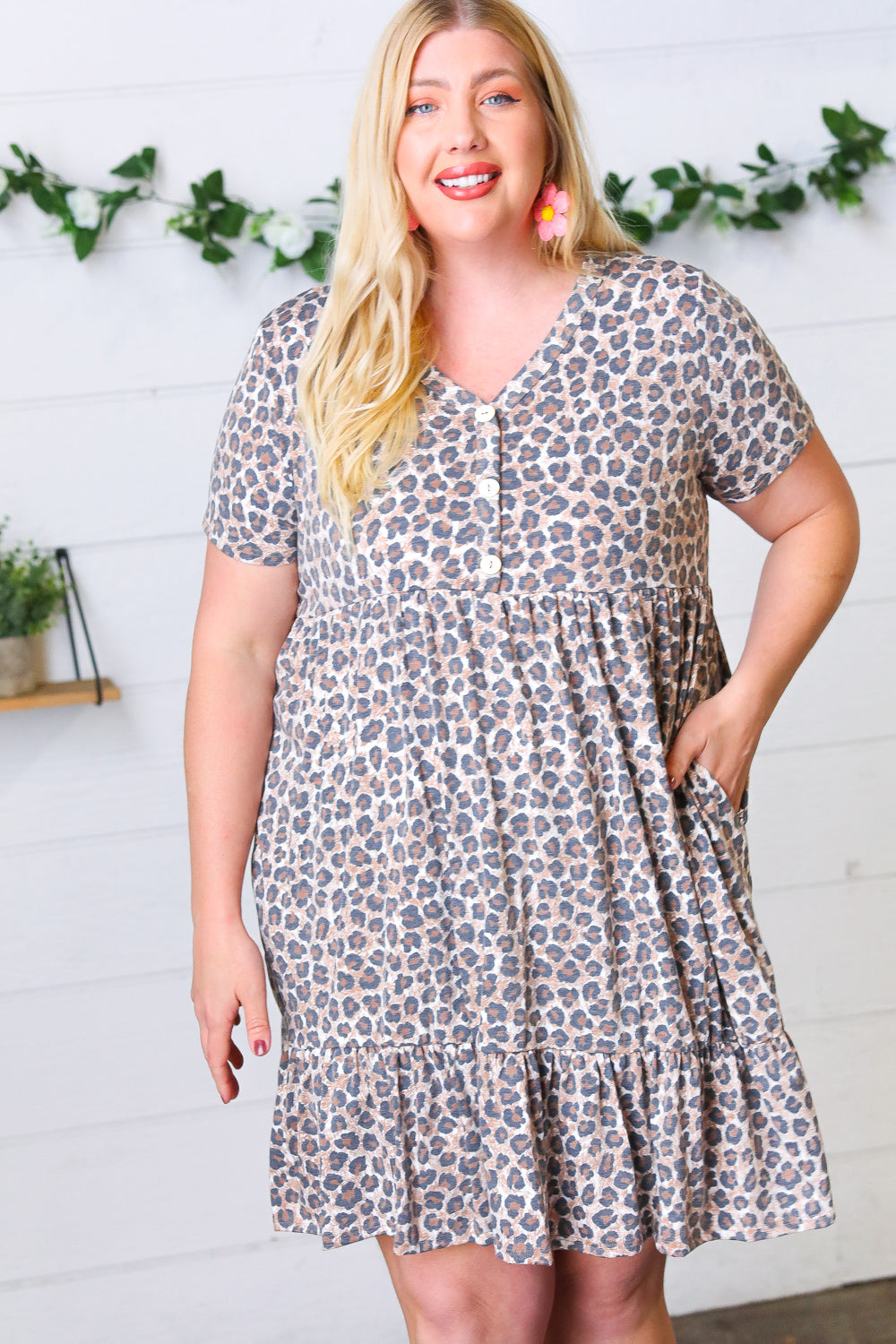 Taupe Leopard Button Down Babydoll Dress