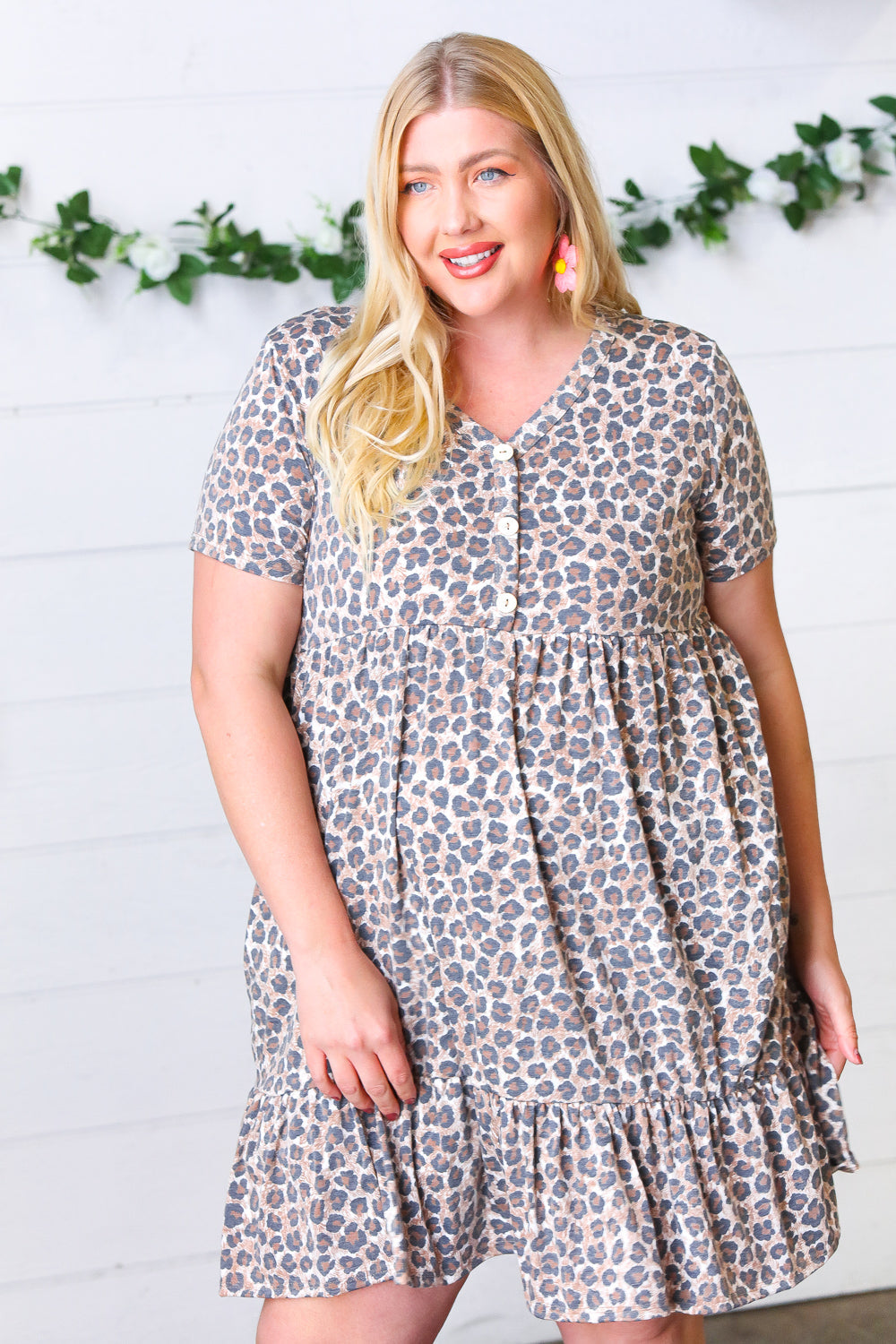 Taupe Leopard Button Down Babydoll Dress