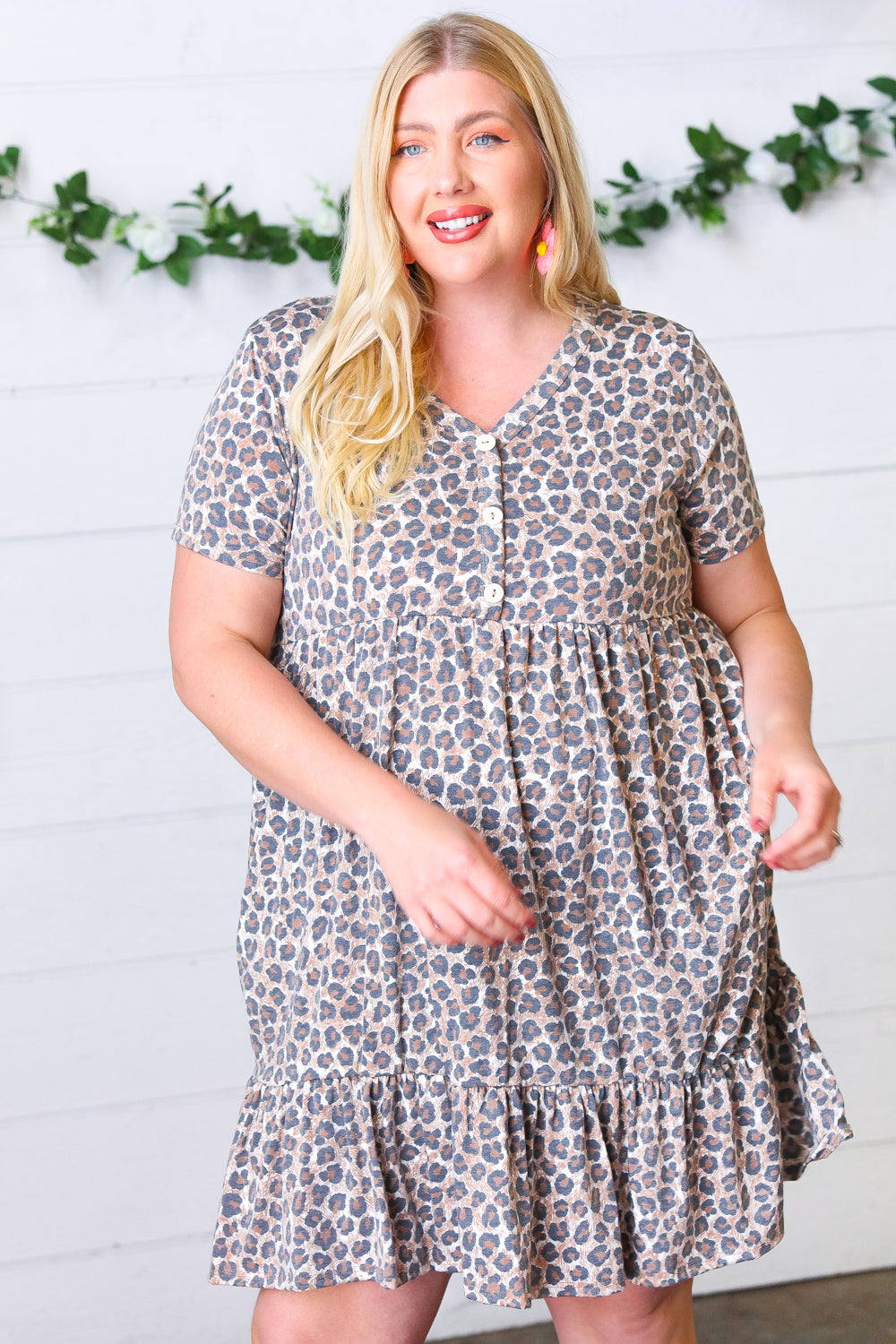 Taupe Leopard Button Down Babydoll Dress