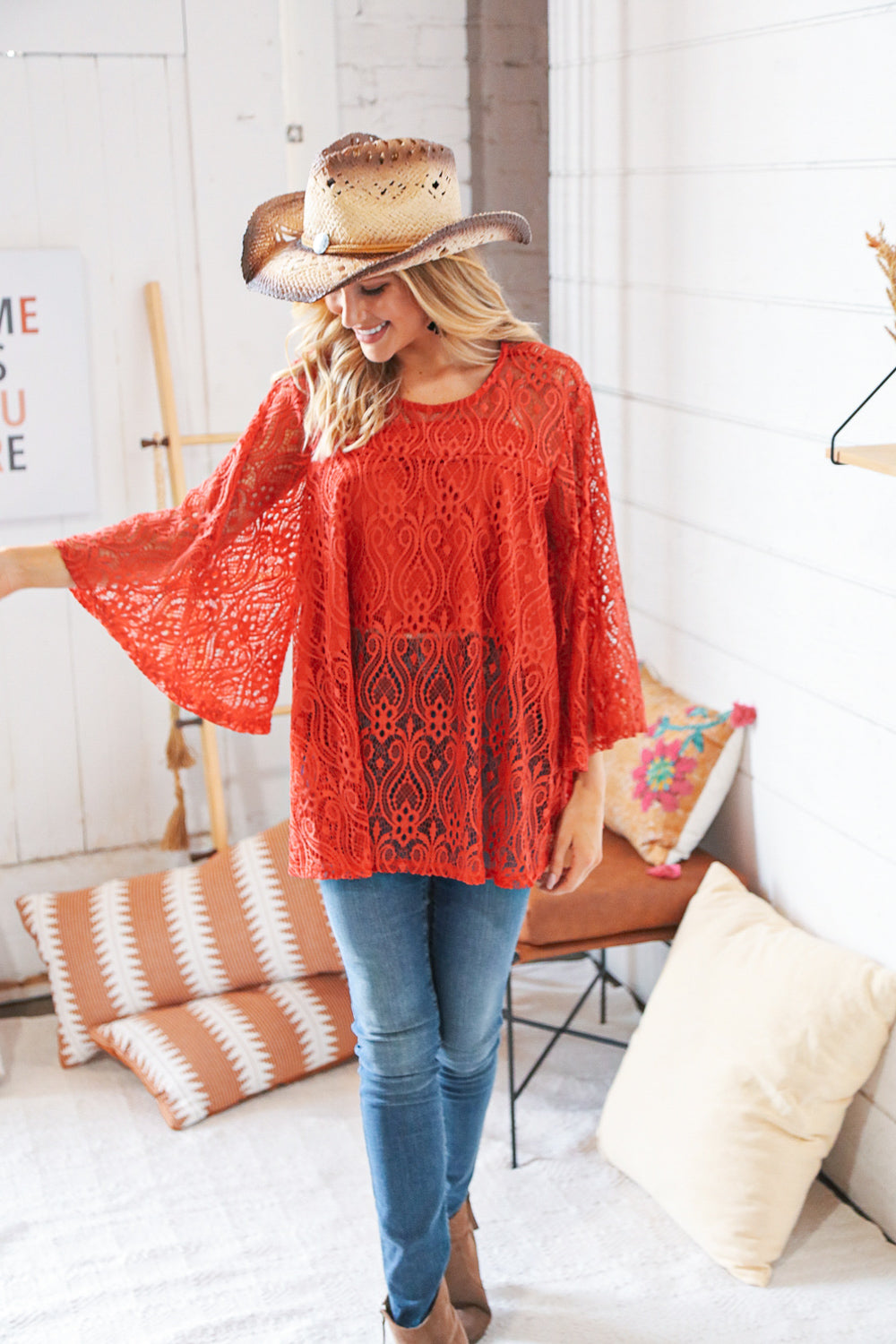 RustCrochet Lace Lined Bell Sleeve Flare Blouse