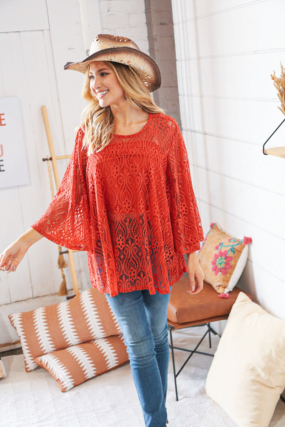 RustCrochet Lace Lined Bell Sleeve Flare Blouse