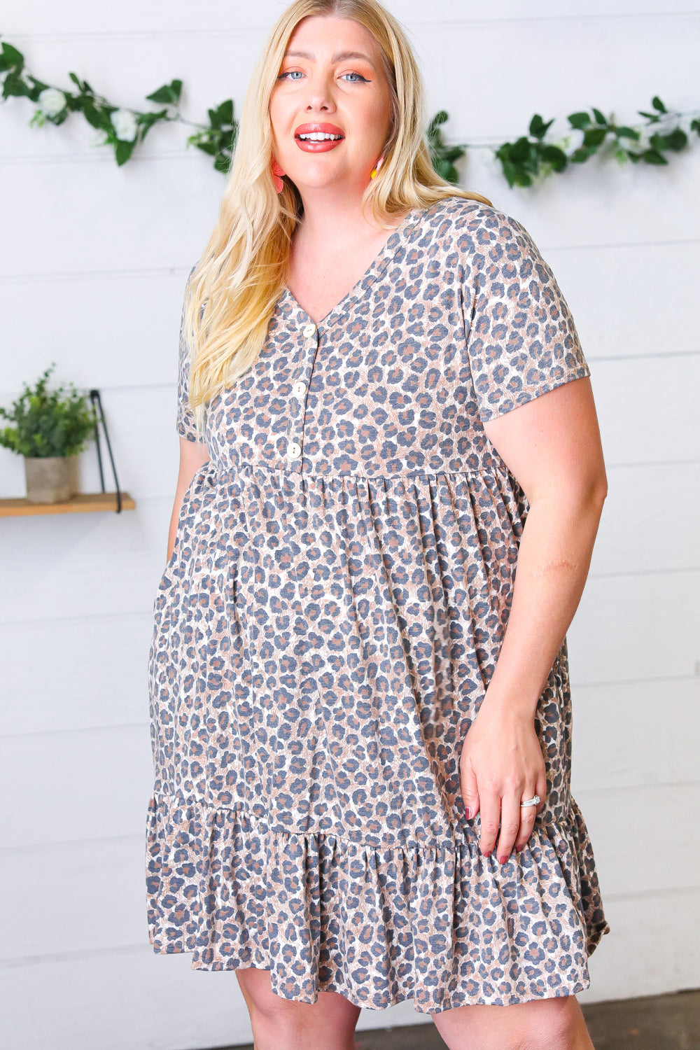 Taupe Leopard Button Down Babydoll Dress