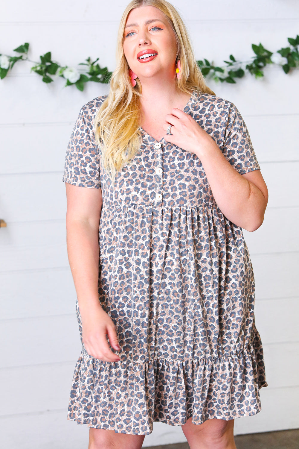 Taupe Leopard Button Down Babydoll Dress