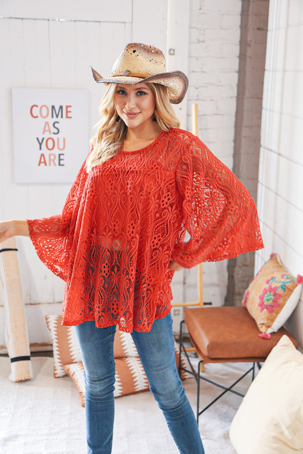 RustCrochet Lace Lined Bell Sleeve Flare Blouse