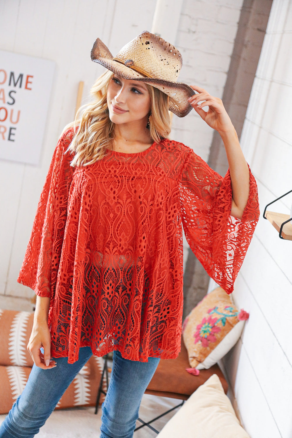RustCrochet Lace Lined Bell Sleeve Flare Blouse