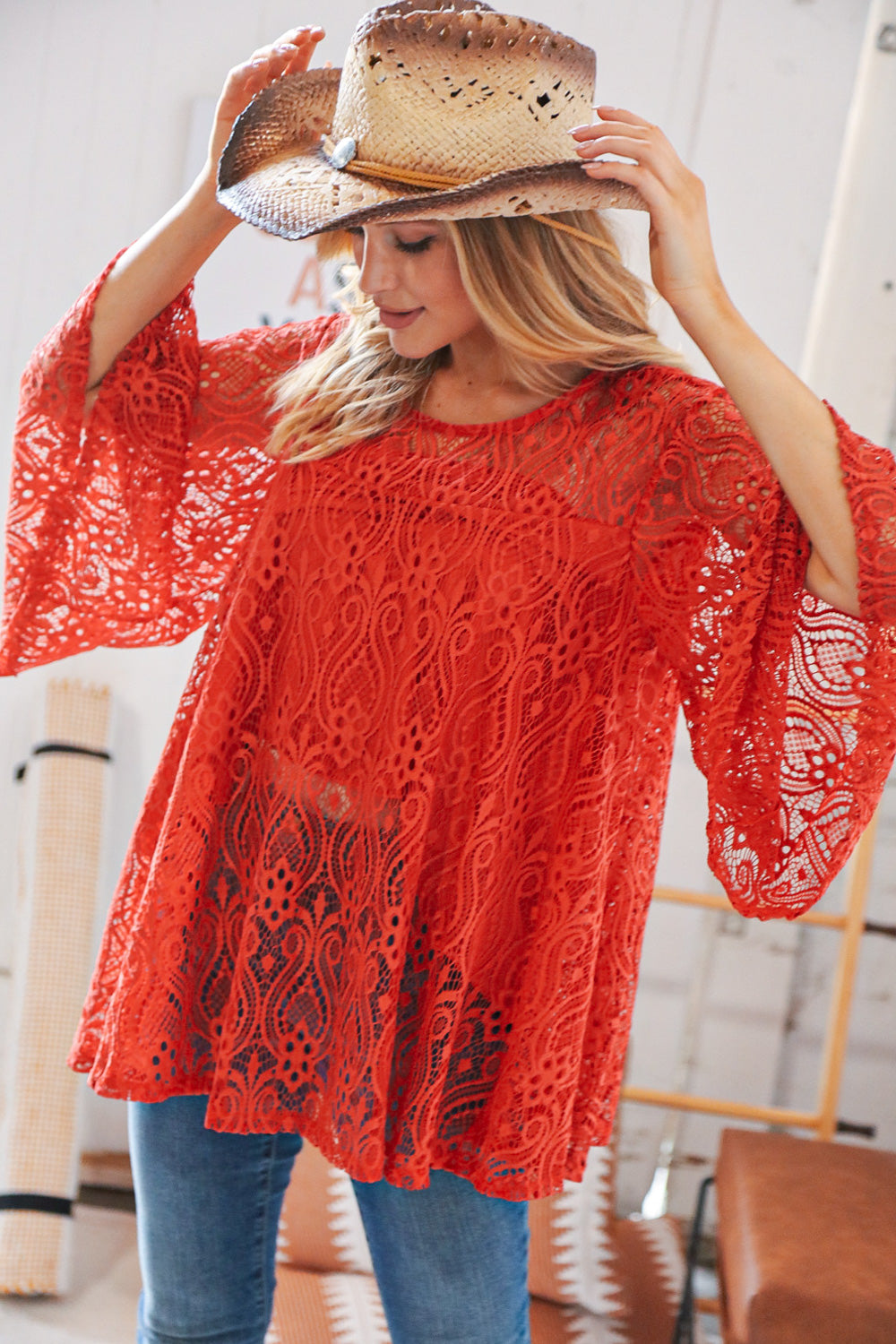 RustCrochet Lace Lined Bell Sleeve Flare Blouse