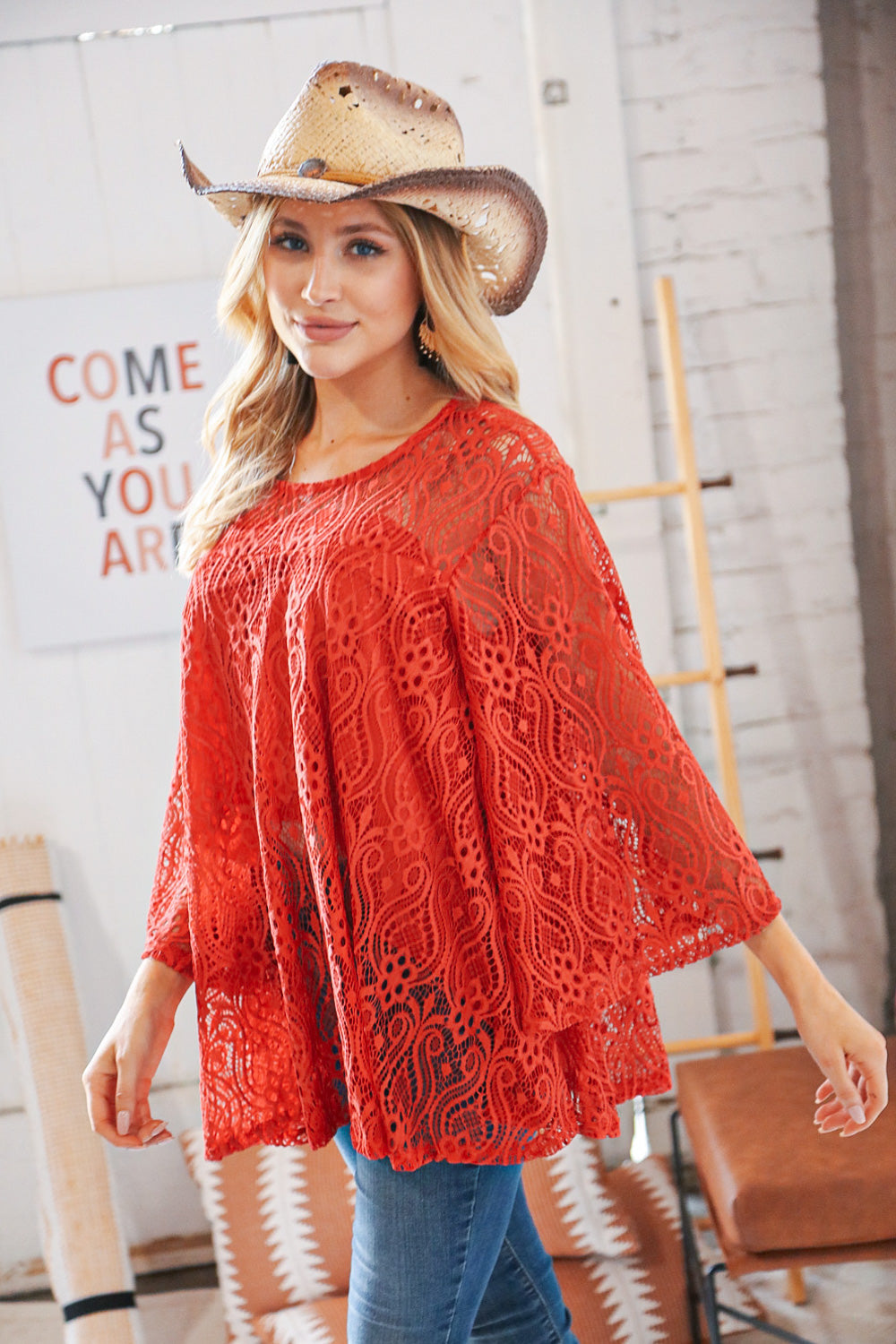 RustCrochet Lace Lined Bell Sleeve Flare Blouse