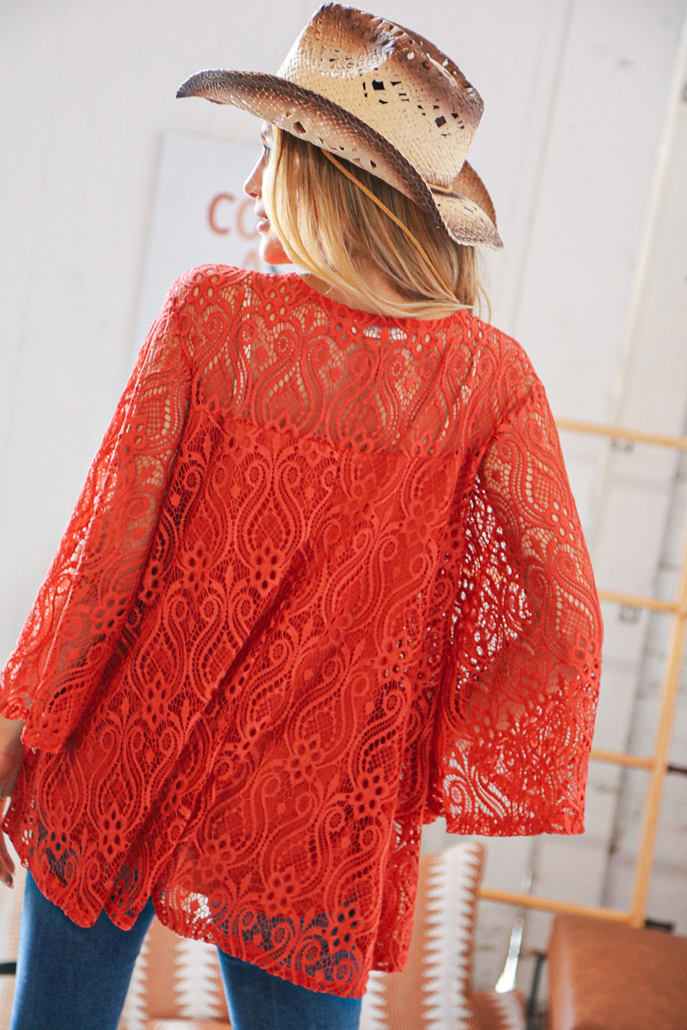 RustCrochet Lace Lined Bell Sleeve Flare Blouse