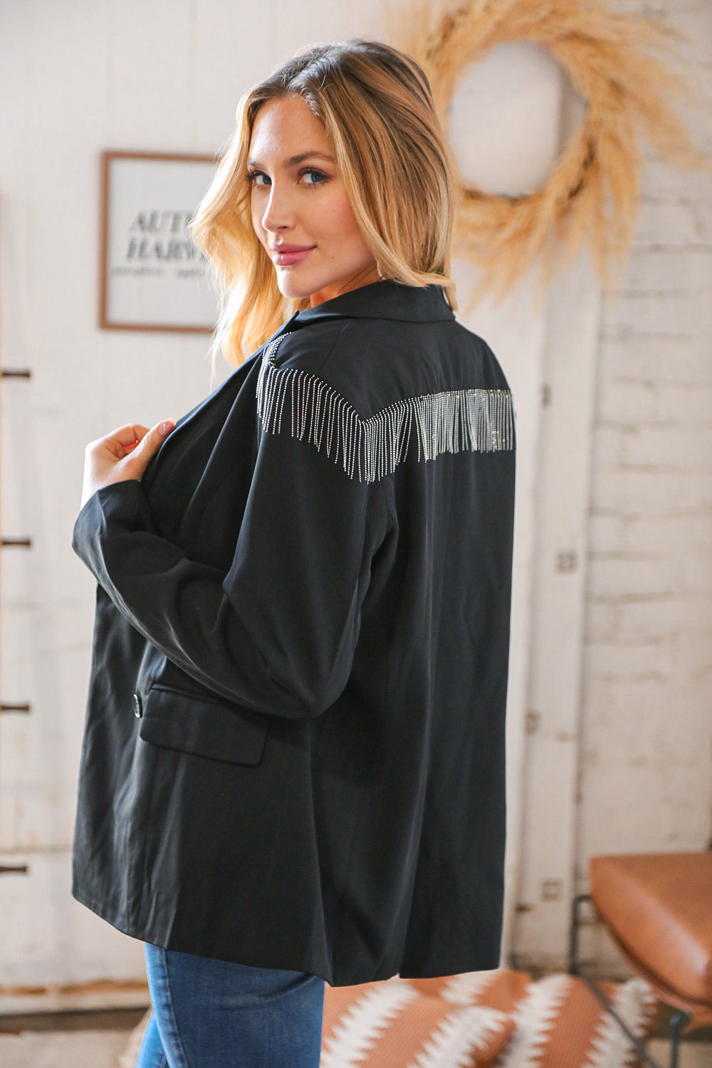 Black Tassel Fringe Shoulder Button Down Blazer
