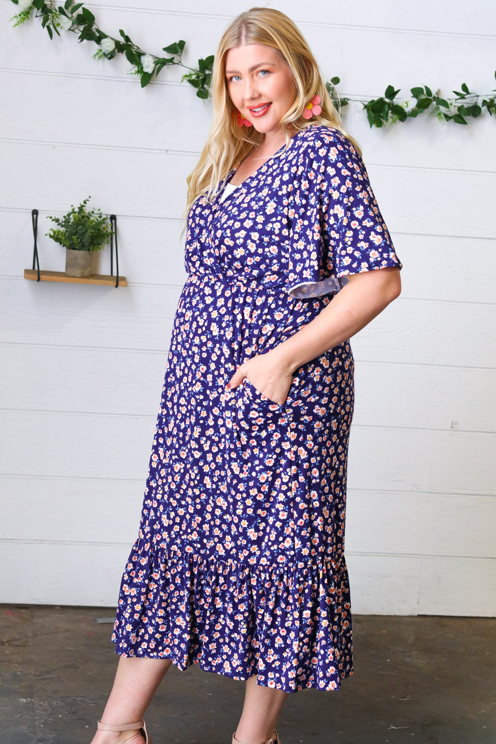 Navy Floral Surplice Elastic Waist Ruffle Maxi Dress