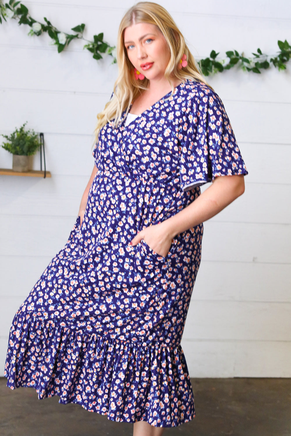 Navy Floral Surplice Elastic Waist Ruffle Maxi Dress