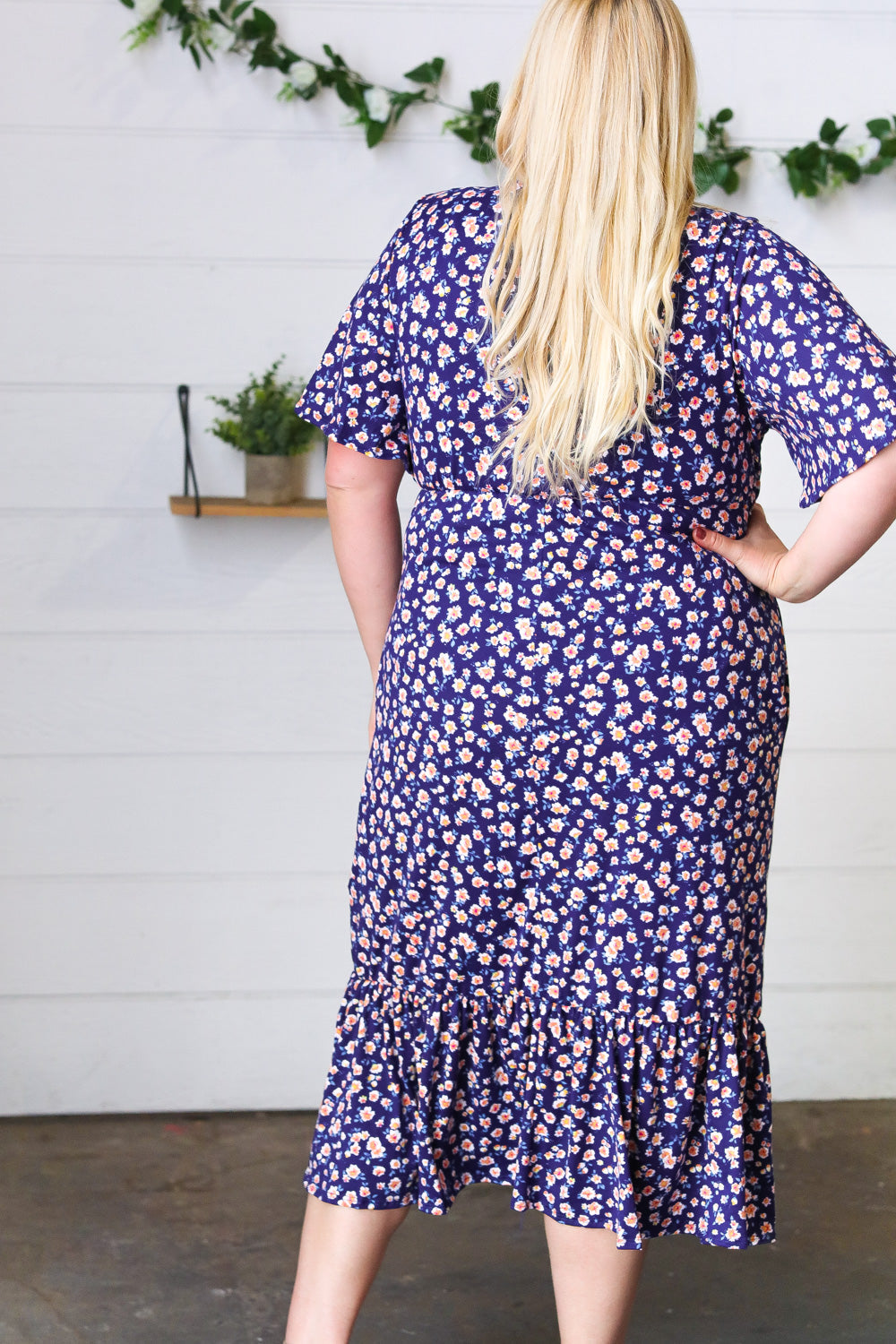 Navy Floral Surplice Elastic Waist Ruffle Maxi Dress