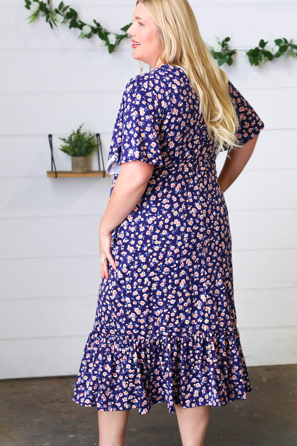 Navy Floral Surplice Elastic Waist Ruffle Maxi Dress